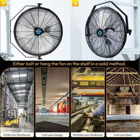 High Velocity 20 Inch Industrial Wall Fan With 4750 CFM, 3 Speed Settings, 6 Ft Power Cord, UL Listed For Workshops, Garages And Warehouses, Industrial And Residential Use, Black, shown mounted in industrial spaces