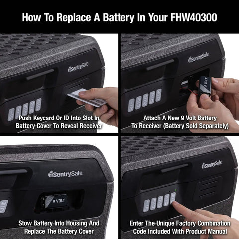 Step-by-step guide to replacing battery in SentrySafe FHW40300 with keycard slot, 9V battery compartment, and keypad entry.