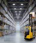 Heavy Duty 200W Led High Bay Shop Light With Motion Sensor illuminating warehouse aisle with yellow forklift and pallets.