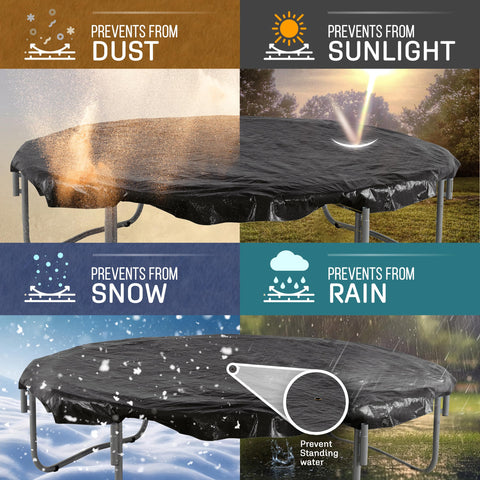 6Ft Round Trampoline Weather Cover For All Weather Protection Keeps Jump Surface Safe From Sun Rain Snow And Debris Extends Lifespan Durable Weather Resistant Top Cover shown preventing dust sunlight snow rain