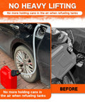 Battery Powered Gas Can Pump With Auto Shut Off, 3.2 GPM, 47 Inch Hose shown refueling a car with a red gas container