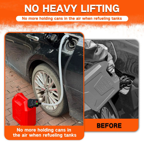 Battery Powered Gas Can Pump With Auto Shut Off, 3.2 GPM, 47 Inch Hose shown refueling a car with a red gas container