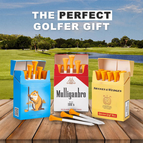 Funny Golf Tees 10 Pack MulliganBro Parody Golf Accessories Gag Gift For Men Cool Novelty Tees For Golfers Bar Style Prank That Sparks Laughs Before Every Drive, packaging resembles cigarette boxes on a golf course.