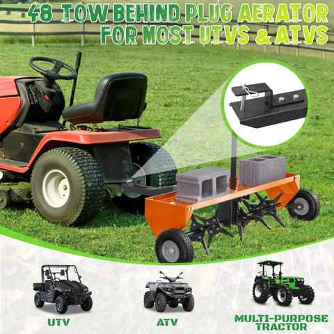 48 Inch Tow Behind Lawn Aerator With Universal Hitch Plug Aerator Steel Construction Tray And Inflatable Wheels attached to lawn tractor