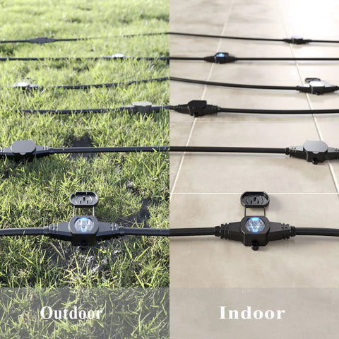 Outdoor and indoor setup of Heavy Duty 25Ft Power Extension Cord With 7 Evenly Spaced Outlets, 16 Gauge SJTW Cable