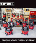 Various Craftsman wet/dry vacuums displayed in a garage workshop setting, including models compatible with a 5-gallon bucket.