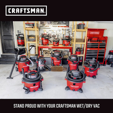 Various Craftsman wet/dry vacuums displayed in a garage workshop setting, including models compatible with a 5-gallon bucket.