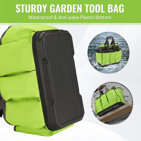 Durable Garden Tool Tote With Waterproof Plastic Base, Eight Pocket Oxford Caddy For Indoor And Outdoor Use shown on waterproof base
