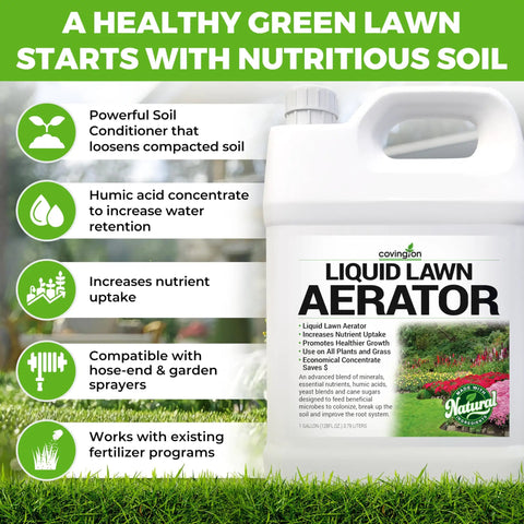 Liquid Lawn Aerator One Gallon Soil Conditioner And Softener For Lawns And Gardens Loosens Clay And Compacted Soil For Better Water And Nutrient Absorption Concentrated Liquid Aeration For Stronger Roots For DIY Lawn Care Pros bottle with features listed