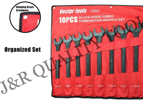 10-Piece SAE Jumbo Combo Wrench Set with Black Oxide Finish displayed in red pouch. Includes sizes from 1 5/16 to 2 inches.