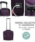 Collage of Underseat Carry-On Set 15 Inch Purple Roller Bag with USB Charging Port, telescopic handle, inline skate wheels