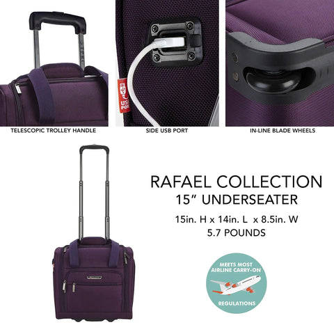 Collage of Underseat Carry-On Set 15 Inch Purple Roller Bag with USB Charging Port, telescopic handle, inline skate wheels