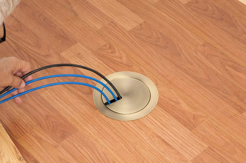 Recessed Round Floor Box With Power And Data In Antique Bronze, Low Profile In Floor Outlet Keeps Cords Hidden, Model FLBR5420