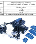Slick Cordless Electric Tube Bender For Copper Pipe 1/4 To 7/8 Inch with dimensions and accessories displayed.
