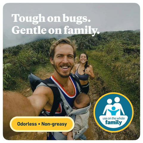 Family hiking with text 'Tough on bugs, gentle on family', promoting Picaridin Insect Repellent Spray 20 Percent.