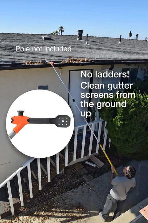 Person cleaning gutters using Gutter Cleaner Pro from ground, showing insert of tool head, no ladder needed, pole not included.