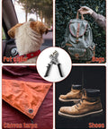 DIY Grommet Kit With 3/8 Inch Metal Grommets and Tool Set with applications on pet collar, bags, canvas tarps, and shoes.