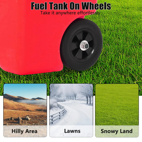 14 Gallon Gas Caddy With Transfer Pump And 10 Foot Hose Portable Fuel Tank On Wheels for Hilly, Lawn, and Snowy Use