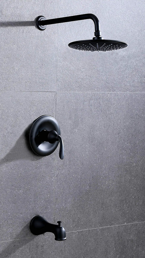 Wall-mounted Single Handle Anti Scald Tub And Shower Faucet With 9 Inch Showerhead And 14 Inch Arm And Spout Matte Black Finish