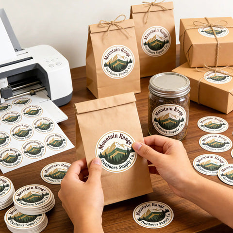 Hands applying custom stickers printed on Sublimation Sticker Paper 60 Sheets 8.5x11 White Waterproof Glossy Vinyl for Inkjet Printers and Heat Presses High Transfer for Tumblers Mugs and Labels with Crisp Color Pop and Vivid Detail to brown packaging bag near inkjet printer.