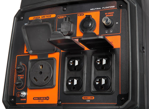 Close-up of Quiet And Lightweight 4800 Watt RV Ready Portable Inverter Generator with multiple power outlets and data meter.