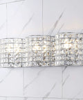 Chrome Modern LED Vanity Light Sconce, 3-Light Glass Crystal Shade on marble wall, Glam Bathroom Wall Lighting for Hallway