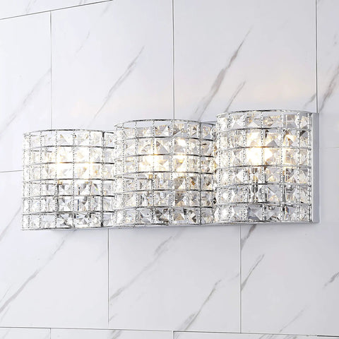 Chrome Modern LED Vanity Light Sconce, 3-Light Glass Crystal Shade on marble wall, Glam Bathroom Wall Lighting for Hallway