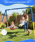 Backyard Swing Set With Stand, Heavy Duty 440lbs, Dual Swing Frame Includes 32 Inch Saucer Swing And 26.2 Inch Belt Seat for Outdoor Play, Kids And Adults Friendly, Durable Metal Stand, Easy Assembly with children playing