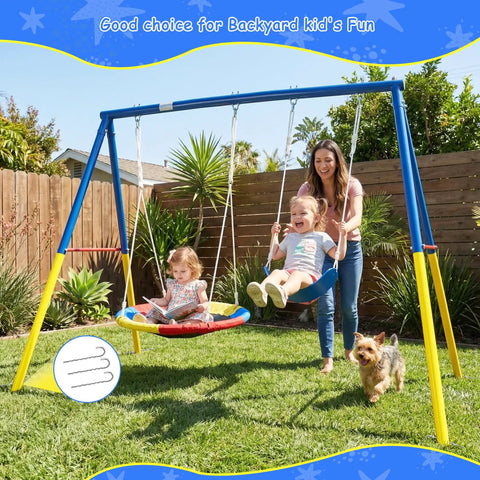 Backyard Swing Set With Stand, Heavy Duty 440lbs, Dual Swing Frame Includes 32 Inch Saucer Swing And 26.2 Inch Belt Seat for Outdoor Play, Kids And Adults Friendly, Durable Metal Stand, Easy Assembly with children playing