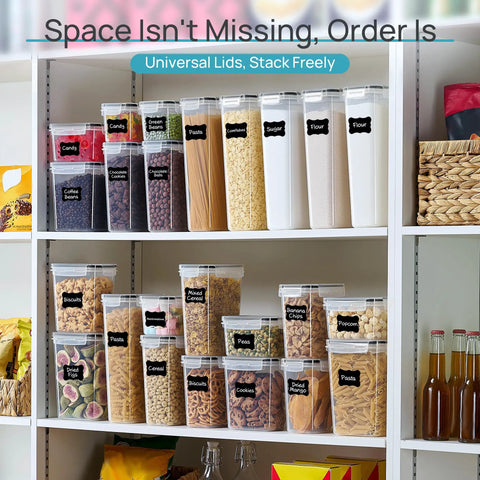 Stackable Airtight Food Storage Containers With Lids, 24-Piece Plastic Canister Set For Cereal, Dry Food, Flour And Sugar, BPA Free, Includes 24 Labels, Black Kitchen Pantry Organization For A No Mess Kitchen on a shelf