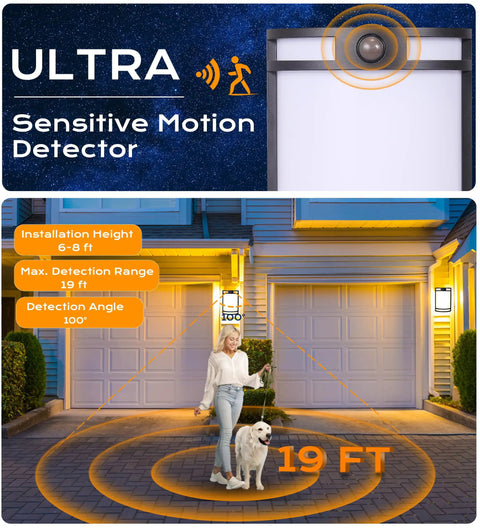 Three Color Indoor Outdoor Motion Sensor LED Wall Light with 3000K 4000K 5000K Selectable Temperatures 120V 15W 1000LM lit porch