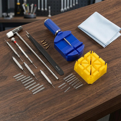 53 Piece Watch Band Tool Kit With Link Remover Pro Grade Spring Bar Tools Pin Remover on wooden table