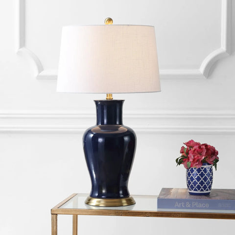 Navy Ceramic Urn LED Table Lamp, 29 Inch, Traditional Classic Style, White Linen Drum Shade, Cozy Nightstand And Living Room Accent Light, ETL Listed, Energy Saving LED Bulb Included