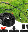 Fifty Foot Half Inch Drip Irrigation Tubing Kit With Switch Valves Tees Couplings Barbed End Plugs And Faucet Adapters in garden.