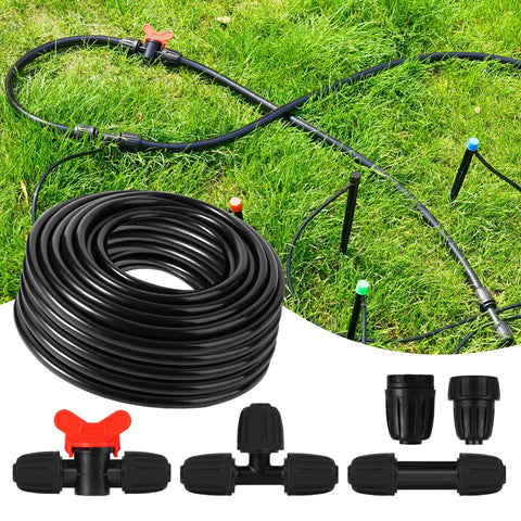 Fifty Foot Half Inch Drip Irrigation Tubing Kit With Switch Valves Tees Couplings Barbed End Plugs And Faucet Adapters in garden.