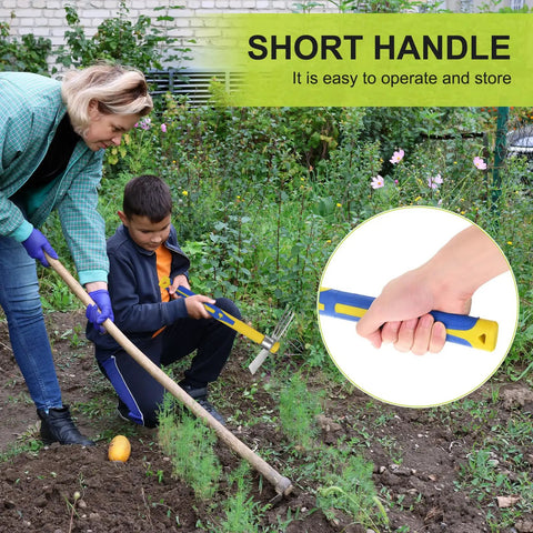 Two Piece Garden Hoe Tools Set With 15.7 Inch Stainless Steel Cultivator Tiller And Pick Mattock Hoe Fiberglass Handle Built For Digging Weeding Loosening Soil And Planting In The Yard Or Garden being used by a woman and child in a garden.