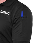 Mens Short Sleeve Security Polo Shirt Black with SECURITY print and pen holder on the sleeve for campus patrol and mall guard duty.