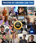 Collage of people holding tire pressure gauges, central badge reads 'Over 100k', trusted by drivers, various indoor and outdoor scenes.