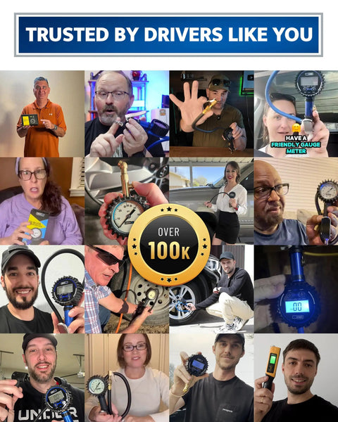 Collage of users holding digital tire pressure gauges and inflators with display of over 100k units sold.