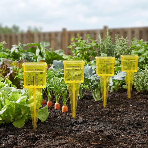 Four Pack Outdoor Rain Gauge With Wide Mouth 1.5 Inch Markings Ground Stake Yard Garden Sprinkler Irrigation Tool Easy Rainfall Readout For Lawn Care Pros High Visibility Yellow Weather Instrument in vegetable garden