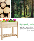Raised Garden Bed With Legs And Storage Shelf For Backyard Patio Or Balcony Wooden Elevated Planter Box 34 By 18 By 30 Inches Solid Fir Wood Easy Assembly Low Fuss Setup Sturdy And Ready To Grow in a forest setting with finished fir wood illustration.