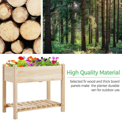 Raised Garden Bed With Legs And Storage Shelf For Backyard Patio Or Balcony Wooden Elevated Planter Box 34 By 18 By 30 Inches Solid Fir Wood Easy Assembly Low Fuss Setup Sturdy And Ready To Grow in a forest setting with finished fir wood illustration.