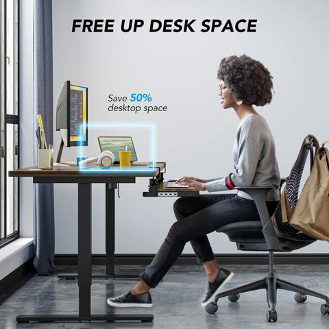 Under Desk Keyboard Tray With Sturdy C Clamp Mount, 32.5 Inch Clamp To Clamp Length, 27.3 Inch Sliding Platform By 11 Inch Wide, Pull Out Keyboard And Mouse Drawer For Ergonomic Space Saving Computer Setup being used by person at desk