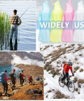 Collage of 100 Pack Disposable Rain Ponchos For Adults With Hood in pink, yellow, blue, clear used for fishing, hiking, cycling.