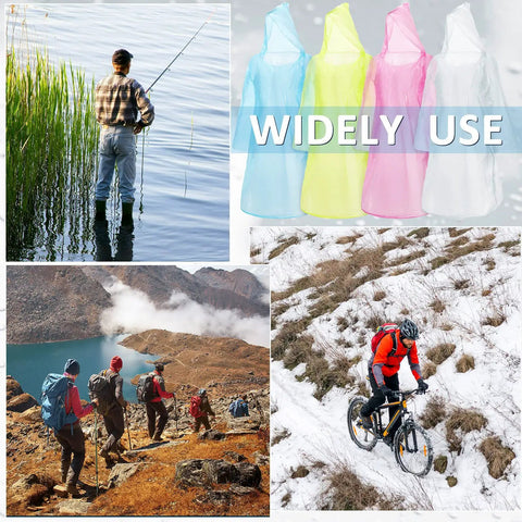 Collage of 100 Pack Disposable Rain Ponchos For Adults With Hood in pink, yellow, blue, clear used for fishing, hiking, cycling.