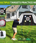 Golfer using heavy duty 10x7ft practice net kit in yard, featuring tri turf mat and multiple target practice