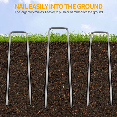 6 Inch Landscape Staples 50 Pack Pro Grade Galvanized Garden Stakes for securing landscape fabric and weed barrier.