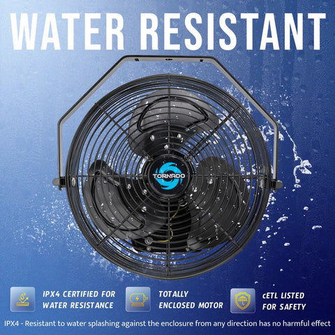 Front view of Beefy 12 Inch Outdoor Water-Resistant High-Velocity Wall Mount Fan IPX4 Weatherproof Metal Construction
