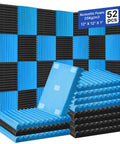 Top Shelf Acoustic Foam Panels 52 Pack Wedge Sound Dampening Wall Tiles For Recording Studios Home Offices And Gaming Rooms Pro Level Gear Black And Blue 1 Inch Thick stacked and mounted view.