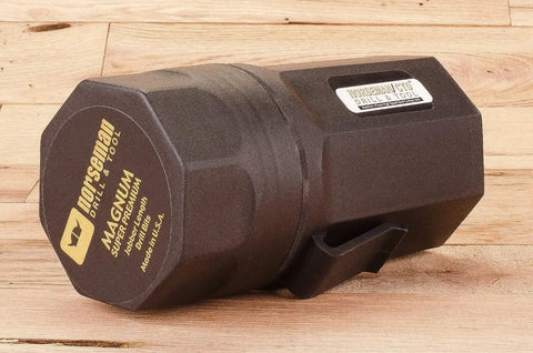 Heavy-duty hexagonal tool component on wooden surface, labeled with brand and specifications, made in the USA